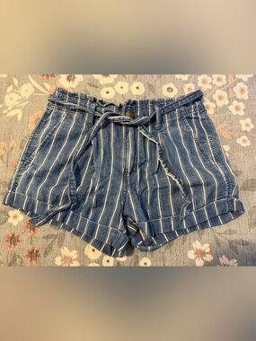 American Eagle Outfitters Blue and White Striped High-Waist Tie Shorts